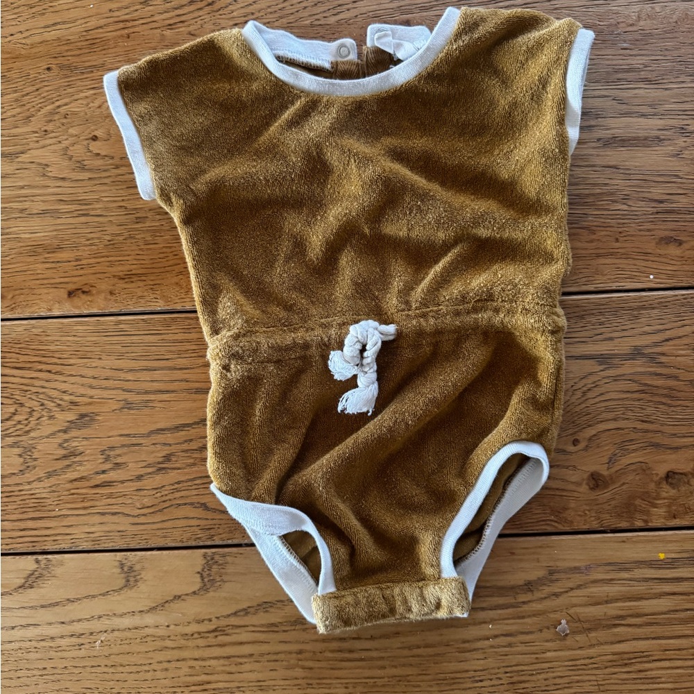 Quincy Mae Terry cloth mustard track suit onesie